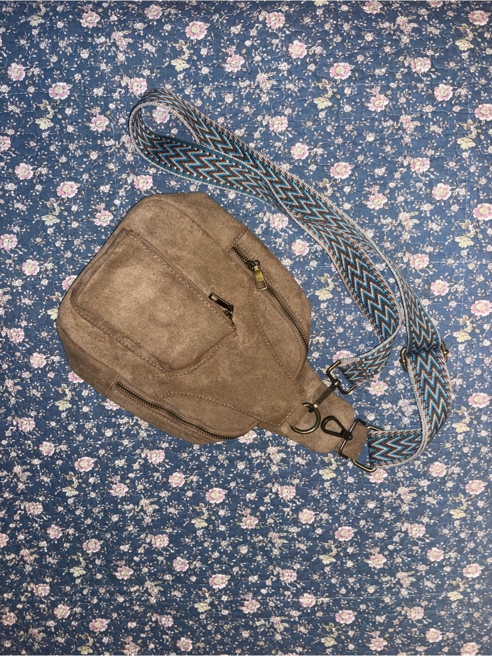 Taupe Suede Crossbody Bag with Patterned Blue Strap